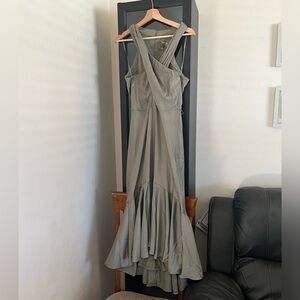 NWOT Taylor Green Satin Crossed High Neck Mermaid Fit and Flare Dress
